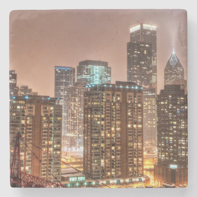 Schnee fällt über Skyline am Abend in Chicago Steinuntersetzer (Vorderseite)
