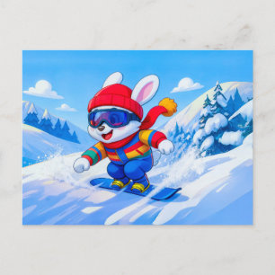 Schnee-Hase Snowboarden auf einem Winterberg Postkarte