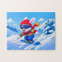 Schnee-Hase Snowboarden auf einem Winterberg