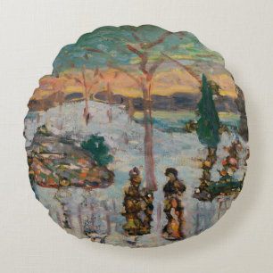 Schnee im April von Maurice Prendergast, Vintage A Rundes Kissen
