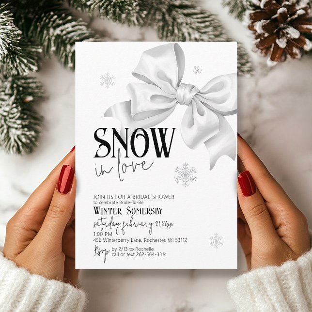 Schnee in der Liebe Bow Brautparty Schneeflocken W Einladung (Cute simple SNOW in Love minimalist snowflake white bow modern winter bridal shower invite)