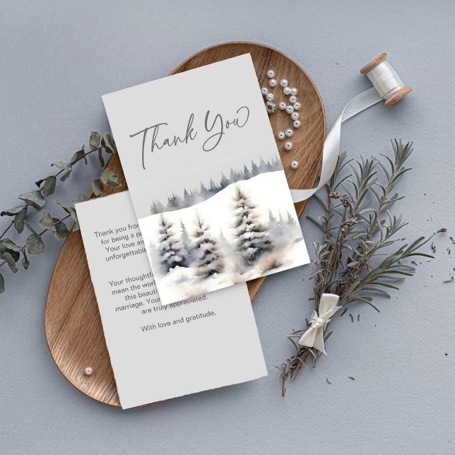 Schnee in der Liebe Kiefernwald Brautparty Dankeskarte (Snow in love winter pine forest bridal shower thank you card dusty sage green pastel grey watercolor)