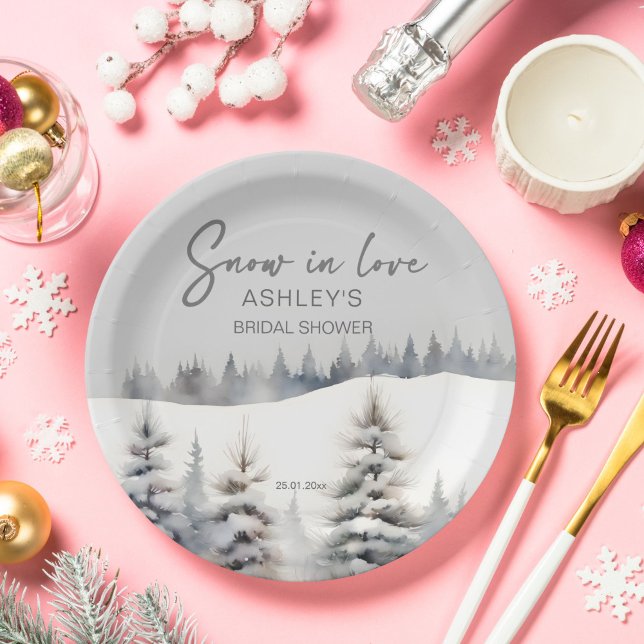 Schnee in der Liebe Kiefernwald Brautparty Pappteller (Snow in love winter pine forest bridal shower template paper plates personalized tableware )