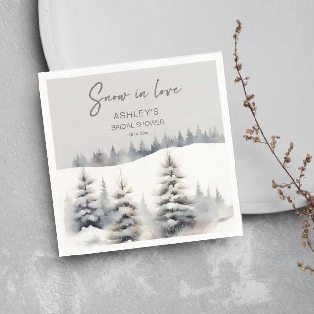 Schnee in der Liebe Kiefernwald Brautparty Serviette (Snow in love winter pine forest bridal shower template napkins watercolor snowy pines casual font)
