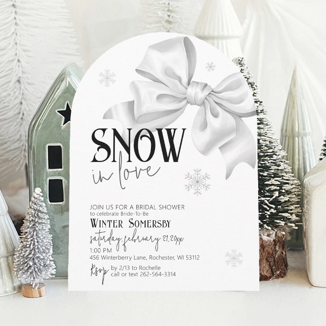 Schnee in der Liebe Niedlicher Bow Brautparty Wint Einladung (Cute simple SNOW in Love minimalist snowflake white bow whimsical winter arch bridal shower invite)