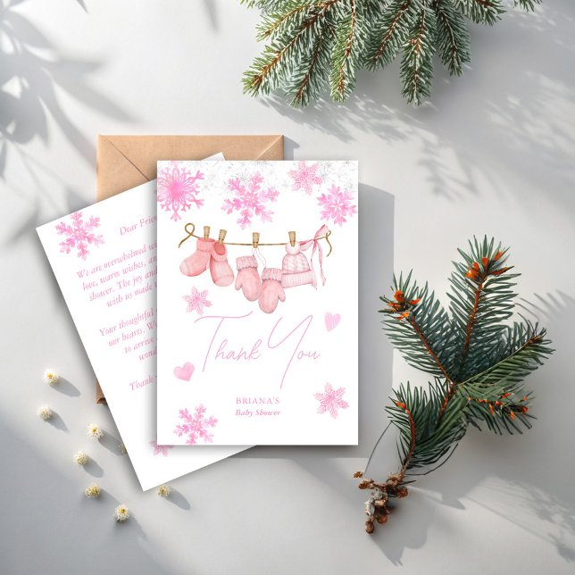 Schnee in der Liebe Schneeflocken Winterbaby Dusch Dankeskarte (Snow in love pink snowflakes girls clothes line winter baby shower thank you cards)