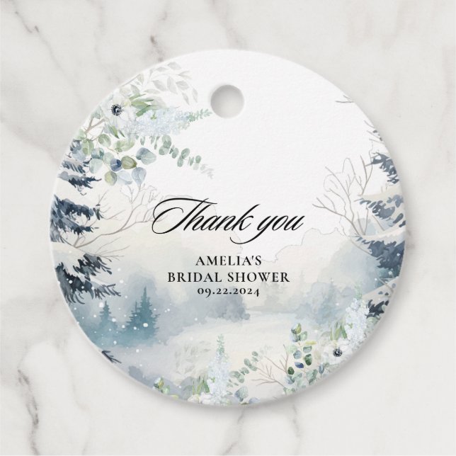 Schnee in der Liebe staubblaues Winter Brautparty Geschenkanhänger (Vorderseite)