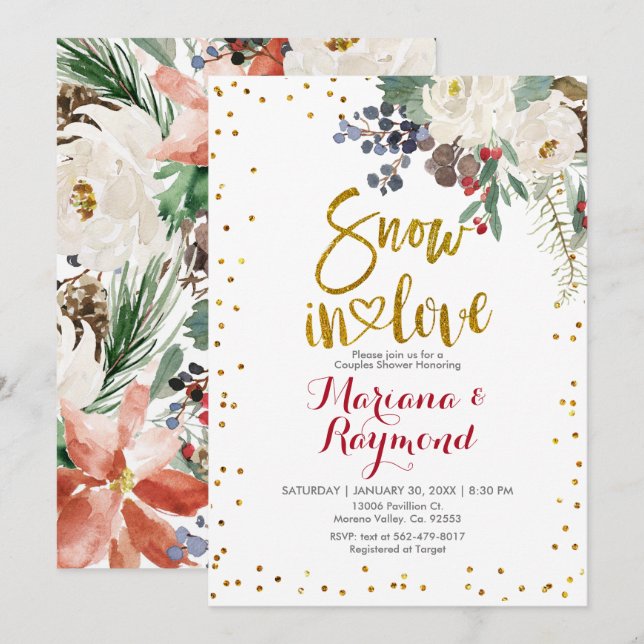 Schnee in der Liebe Weiße Weihnachtsblumen Dusche Einladung (Vorne/Hinten)