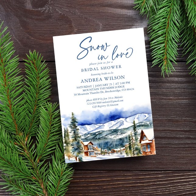 Schnee in der Liebe Winter Brautparty Bergdorf Einladung (Snow in love winter bridal shower snowy mountain village watercolor scenery template invitation )