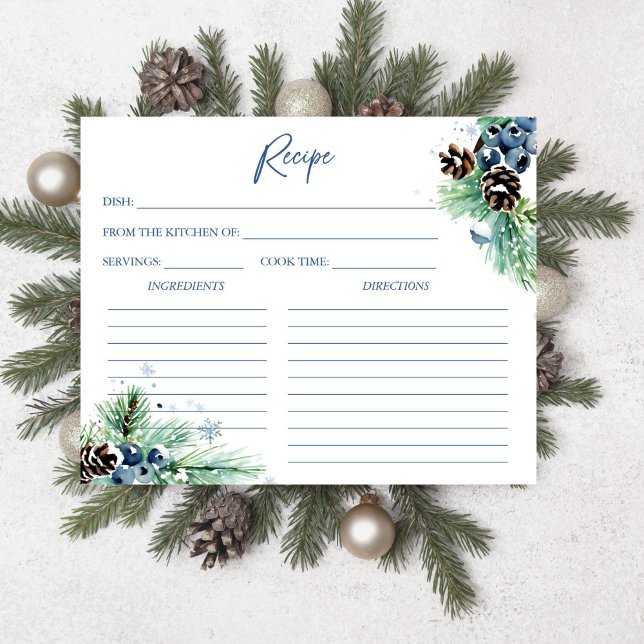 Schnee in der Liebe Winter Brautparty Rezept Karte (Snow in love winter bridal shower recipe card snowy pines with pine cones and winter berries)