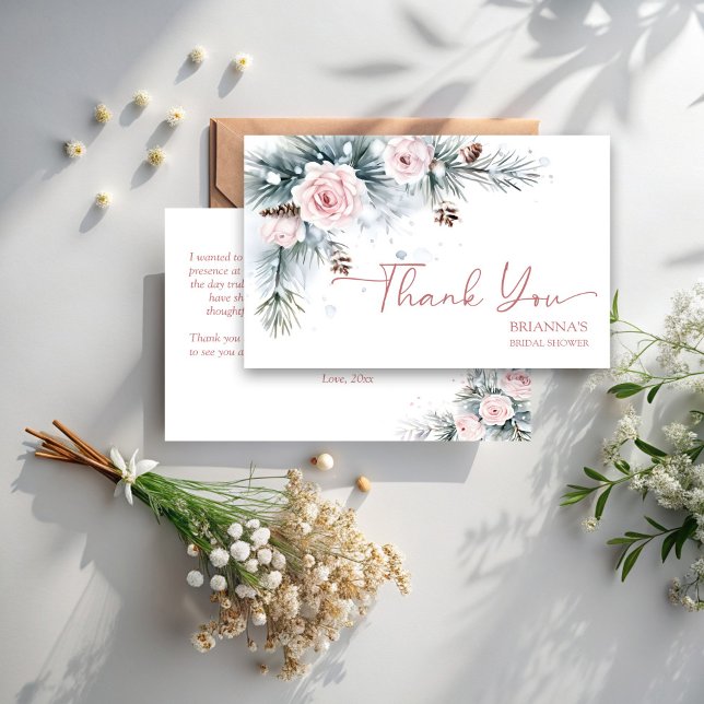Schnee in der Liebe Winter Brautparty Schneekiefer Dankeskarte (Snow in love winter bridal shower snowy pines blush pink roses thank you cards)