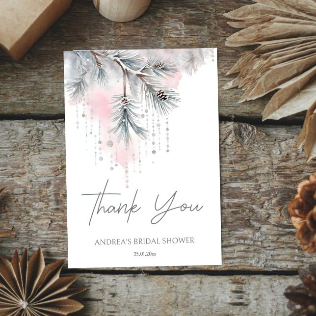 Schnee in der Liebe Winter Brautparty Vorlage (Snow in love winter bridal shower template thank you card watercolor pastel snowy pines and crystals)