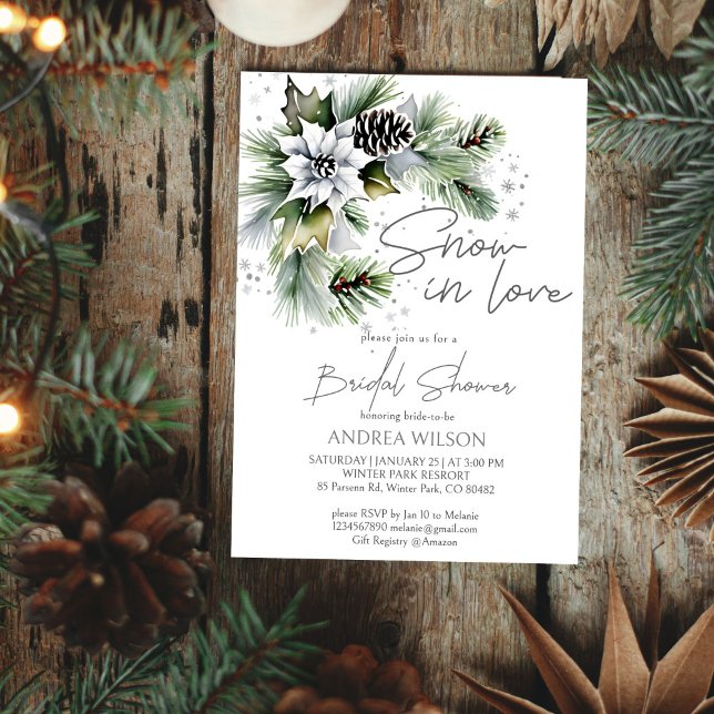 Schnee in der Liebe Winter Brautparty Vorlage (Snow in love winter bridal shower template invitation digital download watercolor white poinsettia)