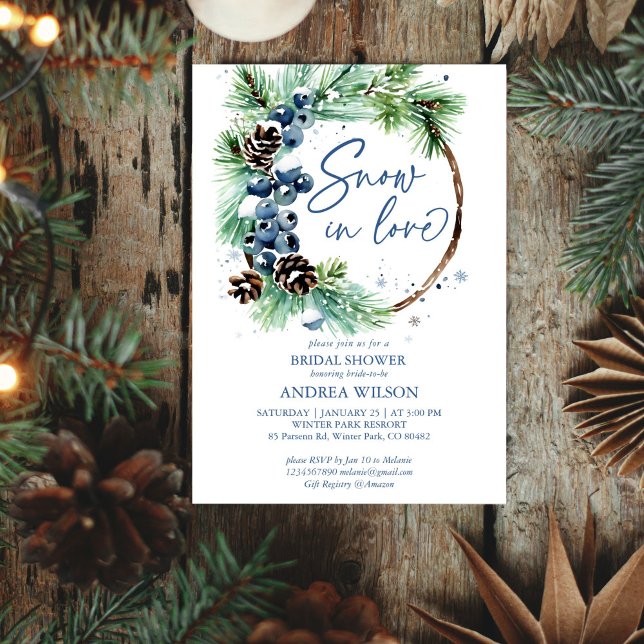 Schnee in Liebe Winter Kiefernkiefer Brautparty Kr Einladung (Snow in love winter bridal shower editable template invitation digital download watercolor pines)