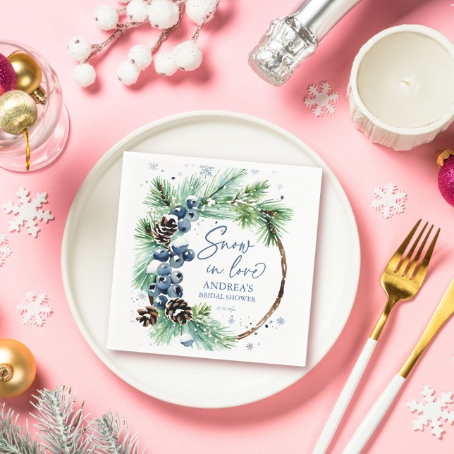 Schnee in Liebe Winter Kiefernkiefer Brautparty Kr Serviette (Snow in love winter bridal shower pines wreath personalized napkins rustic pines winter tableware)