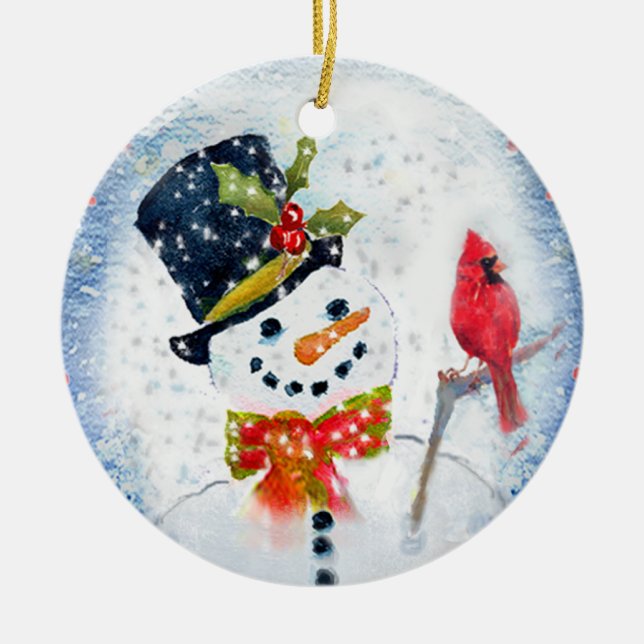 Schnee-Kugel-Snowman u. Kardinal Keramikornament (Vorne)