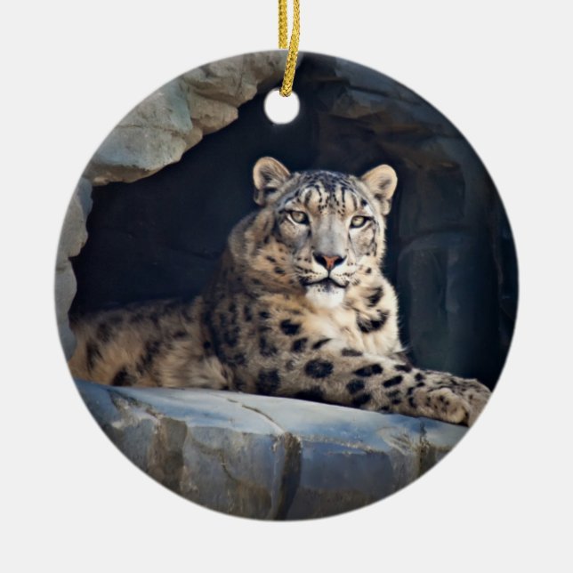 Schnee-Leopard Keramik Ornament (Vorne)