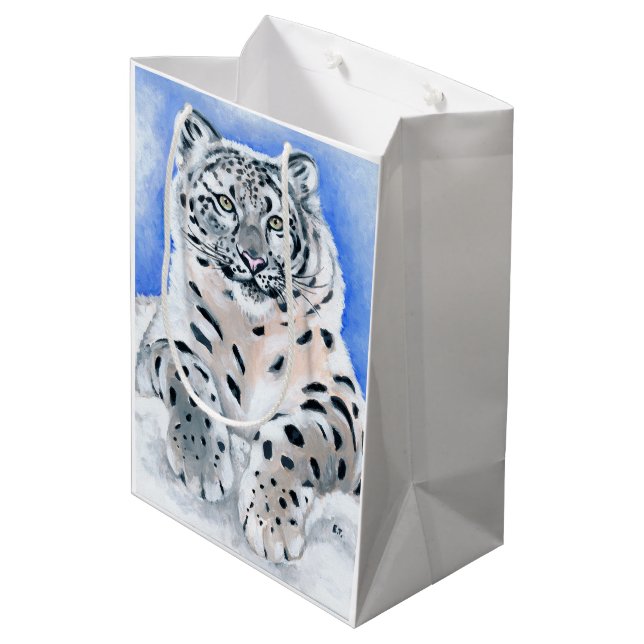 Schnee-Leopard Mittlere Geschenktüte (Rückseite Schrägansicht)