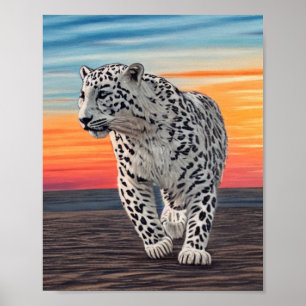 Schnee Leopard Wandern am Strand bei Sonnenunterga Poster