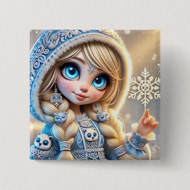 Schnee Maiden mit schleichender Schneeflocke Button (Vorderseite)