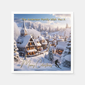 Schnee-Ski-Chalets editierbarer Weihnachtsgruß Serviette