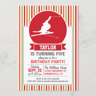 Schnee Ski, Skifahren, Rot, Orange, grüne Streifen Einladung