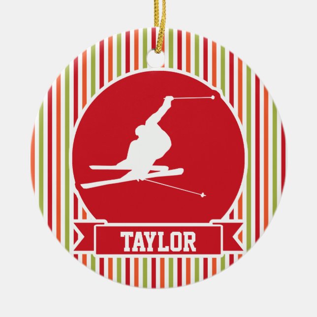 Schnee Ski, Skifahren, Rot, Orange, grüne Streifen Keramikornament (Vorne)
