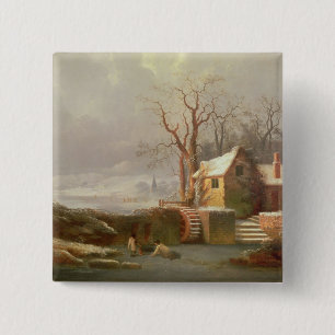 Schnee-Szene mit Mühle und Hütten Button