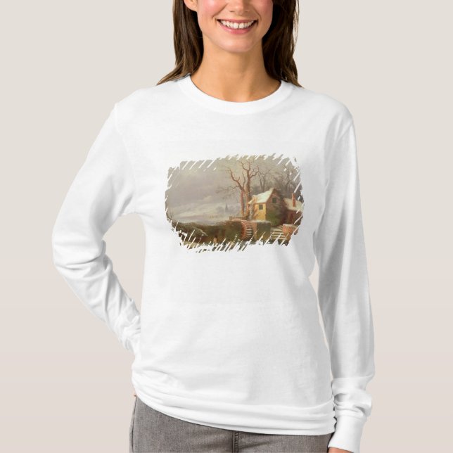 Schnee-Szene mit Mühle und Hütten T-Shirt (Vorderseite)