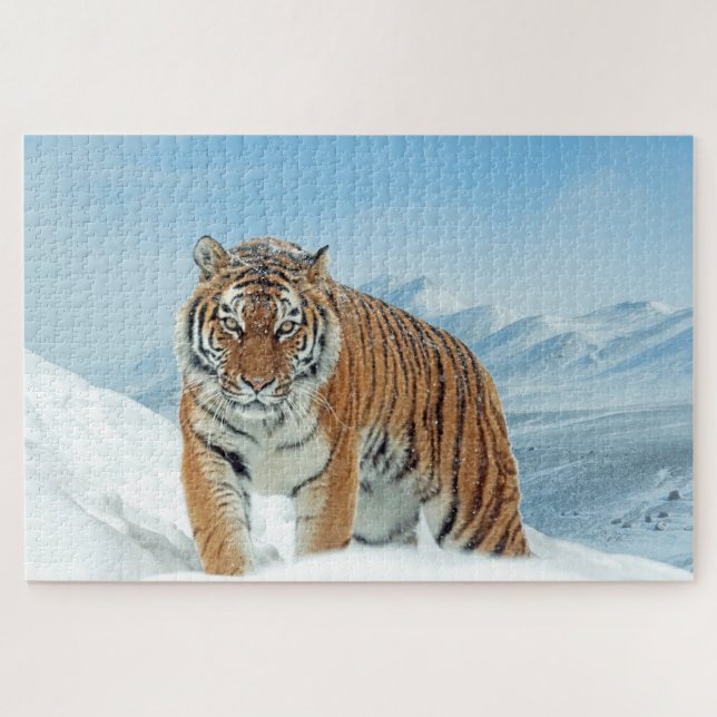 Schnee Tiger Berge Tierisches Foto Trendy Winter Puzzle (Horizontal)