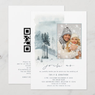 Schnee Wald Foto Komm Mit uns QR Code Winterhochze Einladung