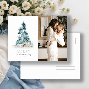 Schnee-Wasserfarbe-Kiefer-Weihnachtsbaum-Geschenk- Feiertagspostkarte