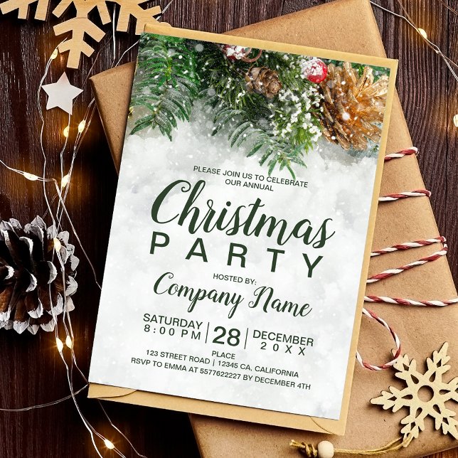 Schnee Weihnachten Land Unternehmen grünes Pinieng Einladung (Snow Christmas country corporate green pine gold Invitation)