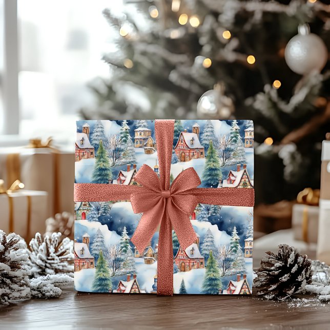 Schnee Winter Bayerisches Dorf Weihnachtsfeiertag Geschenkpapier (Snowy Winter Wonderland Bavarian Village Landscape Christmas Holiday Blue | Multi Wrapping Paper)