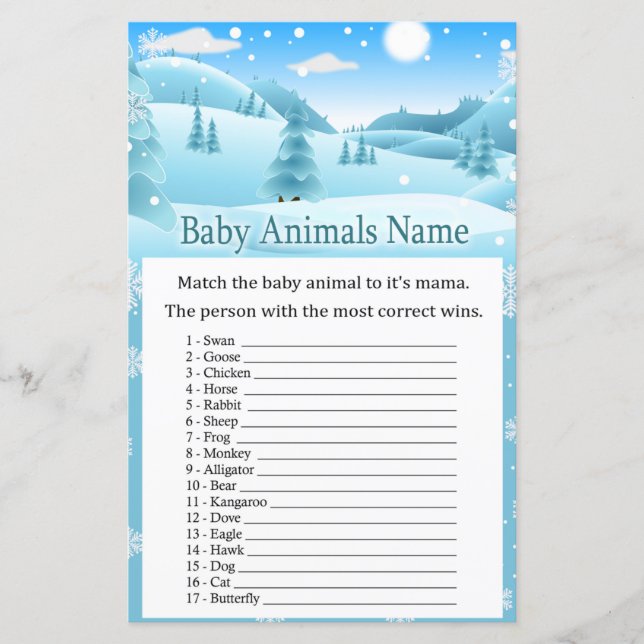 Schnee Winter Forest Baby Tiere Name Spiel (Vorderseite)