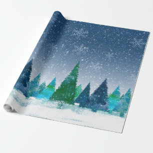 Schnee Winter Weihnachten Blau & Grüne Szene Geschenkpapier