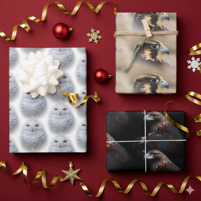 Schneeauge / Wanderfalken / Goldene Adler Geschenkpapier Set (Owls, Falcons, and Eagles Giftwrap Assortment Cover Photo)