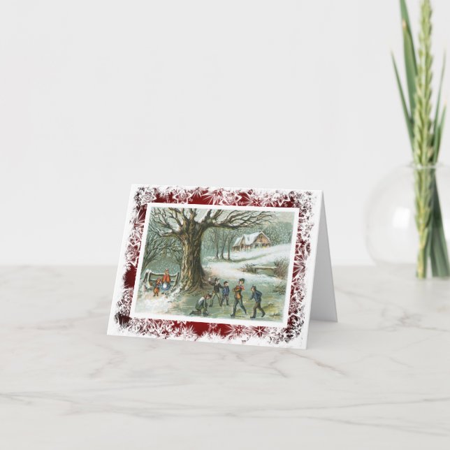 Schneeball-Kampf-viktorianisches Vintages Feiertagskarte (Vorderseite)