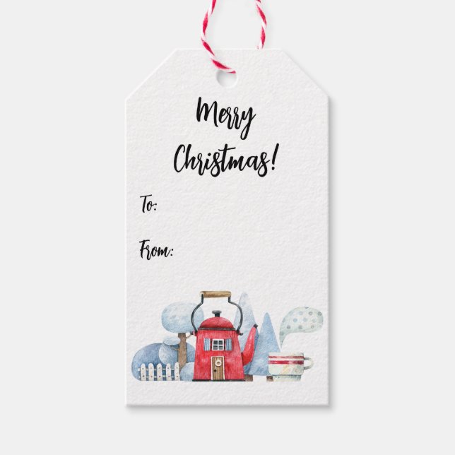 Schneebäume im Teakholz-Haus Geschenkanhänger (Vorderseite)