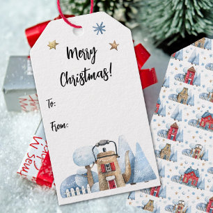 Schneebäume im Teakholz-Haus Geschenkanhänger