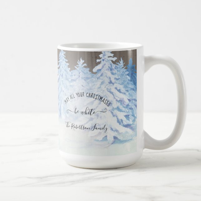 Schneebaume Weihnachten Rustikale Holzfamilie Kaffeetasse (Rechts)