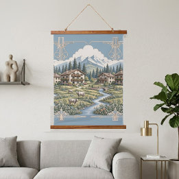 Schneebedeckte Alpenwolken Kiefern Bäume Land Wies Wandteppich Mit Holzrahmen