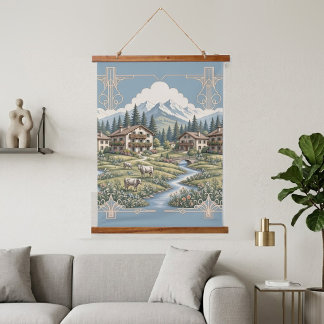 Schneebedeckte Alpenwolken Kiefern Bäume Land Wies Wandteppich Mit Holzrahmen