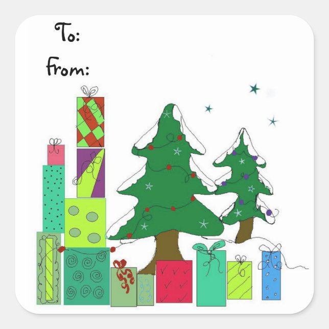 Schneebedeckte Bäume und Geschenke Quadratischer Aufkleber (Vorderseite)