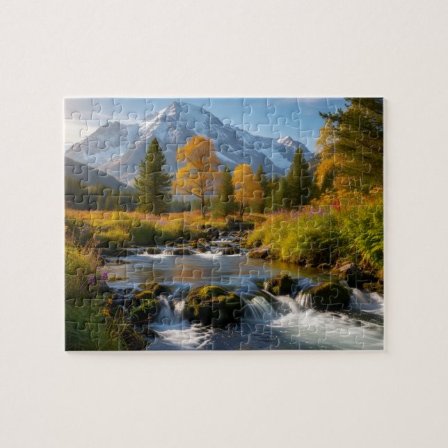 Schneebedeckte Bergbach-Landschaftspuzzle Puzzle (Horizontal)