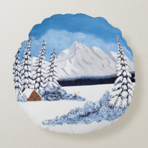 Schneebedeckte Berge Rundes Kissen