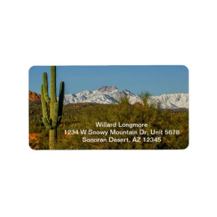 Schneebedeckte Berge Saguaro Kaktus Arizona USA Adressaufkleber
