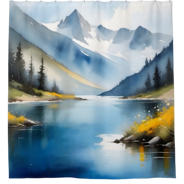 Schneebedeckte Berge und ein See Duschvorhang (Vorderseite)