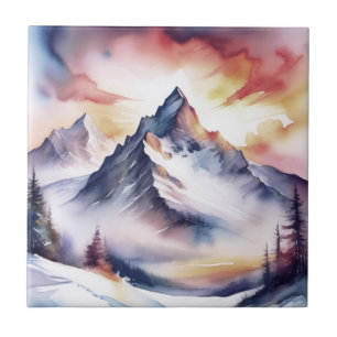Schneebedeckte Berge und roter Himmel Aquarell Fliese