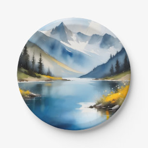 Schneebedeckte Berge und See Pappteller